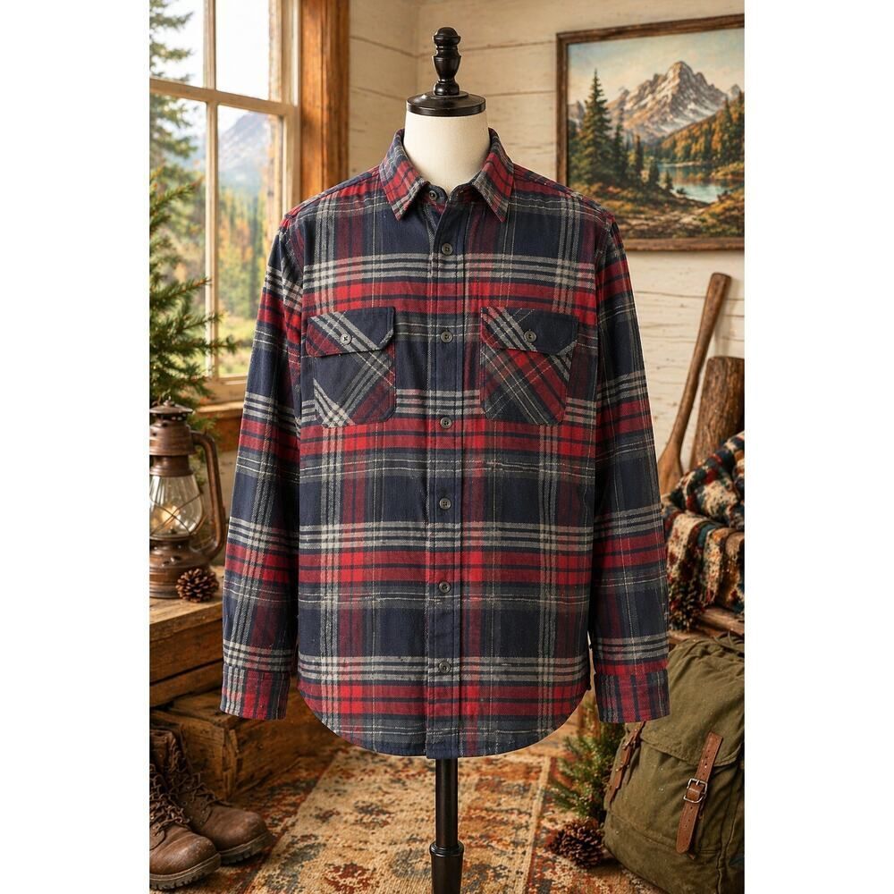 Jachs Red Gray Plaid Flannel Button-Up Shirt L